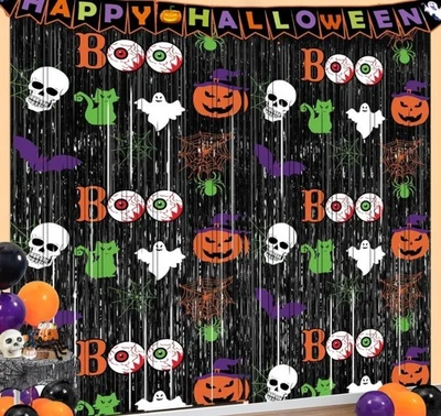 Decoraciones para fiestas de Halloween, paquete de 2 cortinas con flecos de aluminio negras aterradoras de Halloween, Foto 1 de 4