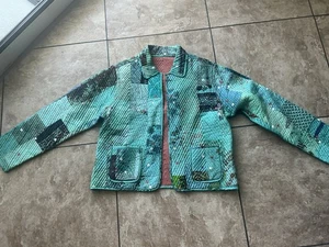 Vintage Quilted Reversible Silk Jacket Kimono Blue Turquoise Floral Asian - Picture 1 of 5