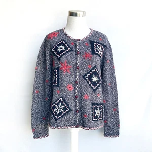 Cárdigan bordado ERIKA talla M pequeño negro rojo mezcla de algodón copos de nieve caprichoso - Imagen 1 de 10