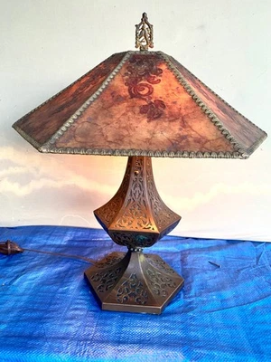 Vintage Arts and Crafts Filigree Base Mica Shade Lamp - Image 1 of 4