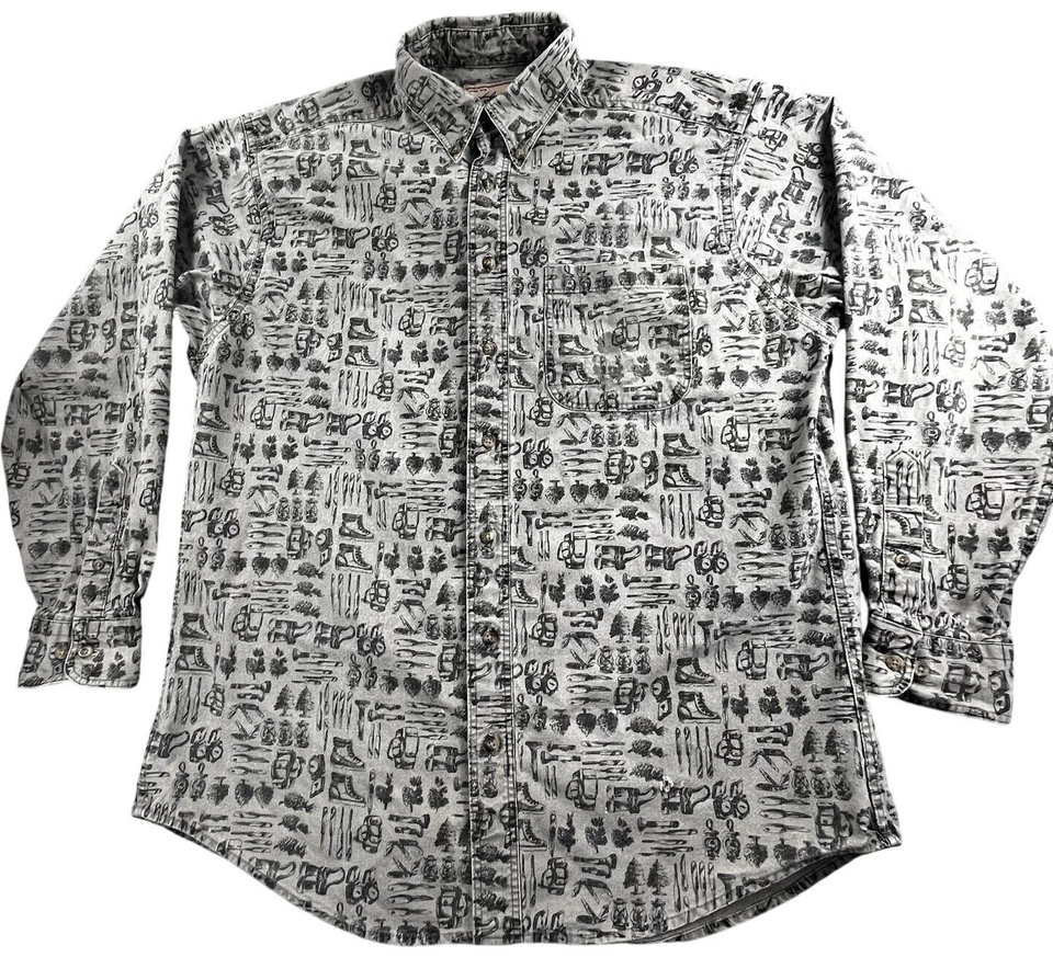 Vintage Woolrich Shirt Men Large USA Made Gray Fishing Camping AOP Cotton Tribal - Image 1 of 4