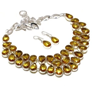 Citrine Topaz Pear Shape Gemstone Handmade Ethnic Gift Jewelry Necklace+Earrings - Picture 1 of 7