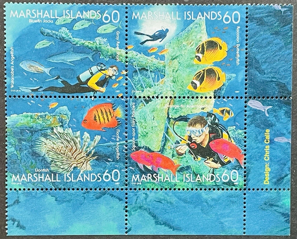 MARSHALL ISLAND МОРСКОЙ ЖИЗНИ БЛОК ИЗ 4 МАРОК MNH 1997 АКВАЛАНГИСТ АКУЛА МОРЕ - Изображение 1 из 1