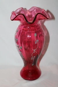 Fenton Vase Cranberry 3292 N7 w/ hand painted white roses signed by C. Smith NEW - Picture 1 of 9