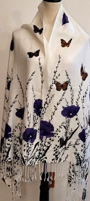 Mariposa/Monarca/Flores/Floral/Fringe/Rebozo Blanco y Púrpura, Bufanda, Envoltura  Foto 1 de 4