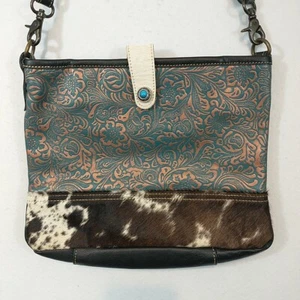 Myra Western Blue Labyrinth Hairon Crossbody Purse Leather Trim Bag - Picture 1 of 12
