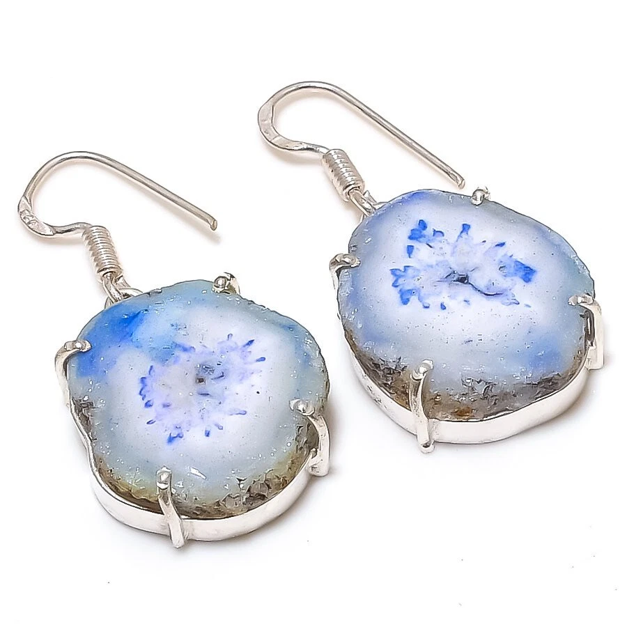 Solar Quartz Druzy Gemstone Silver Plated Dangle Earrings Jewelry 2" - Image 1 of 1