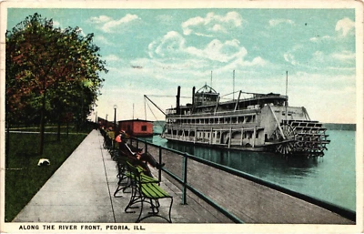 Peoria Illinois Along River Front Steamer Paddleboat People Postcard Posted 1920 - Image 1 of 2