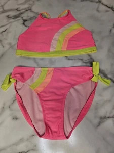 Girls Cat & Jack Two Piece Swimsuit Neon Pink Yellow & Orange Kids Size XL 14/16 - Picture 1 of 6