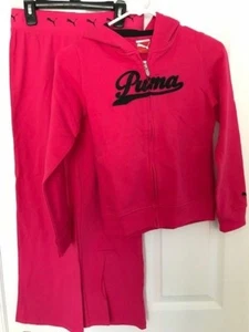 PUMA NWT Girl 2PC Logo Hoodie Jacket Yoga Pants Pink Black Sweat shirt L 14 TWIN - Picture 1 of 2