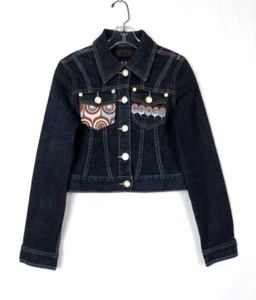 COOGI VTG 1990s 2000s BLUE STRETCH DENIM JEAN CROP JACKET EMBROIDERY ENAMEL - Picture 1 of 12