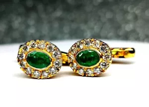 2.50 Carat Lab Created Emerald Cufflinks Men's 14K Yellow Gold Plated Silver - Picture 1 of 6