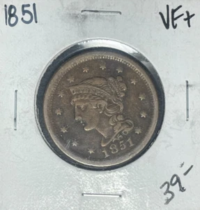 CENTAVO GRANDE CABELLO TRENZADO 1851 ~ EN MUY BUEN ESTADO+ ~BONITA MONEDA~ - Imagen 1 de 2