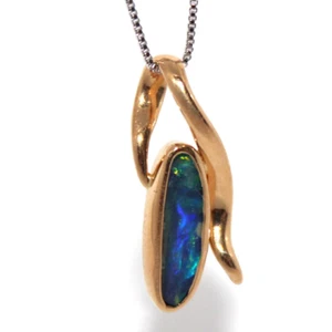 GENUINE BLACK OPAL BOULDER OPAL WITH 18K YELLOW GOLD PENDANT NECKLACE + Blue - Picture 1 of 4