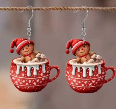 Pendientes Hombre Pan de Jengibre Invierno Café Latte Cacao Caliente Plano 3D Acrílico ADORABLES Foto 1 de 4