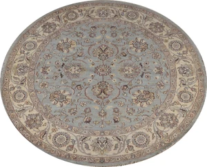 Floral Oushak Chobi Oriental Light Blue Area Rug 8x8 Hand-made Round Carpet - Bild 1 von 13