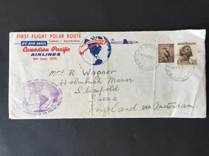 AUSTRALIA 1955 POLAR ILLUSTRATED FLIGHT COVER CANADIAN PACIFIC GB VIA AMSTERDAM - Bild 1 von 2