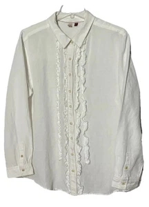 Anthropologie Pilcro white ruffle detail button up blouse Sz Large Linen Blend - Picture 1 of 14