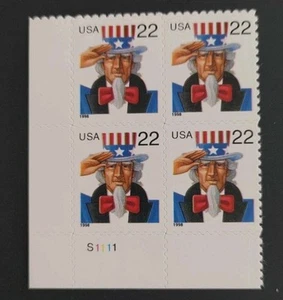 US Stamps Plate Blocks #3259 ~ 1998 Uncle Sam 22c Plate Block of 4 MNH Free Ship - Picture 1 of 2