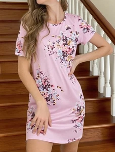 Nightdress Nightie Womens Sleepwear Ladies Short Sleeve Floral Pattern Robe - Picture 1 of 6
