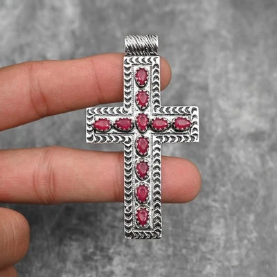 Ruby Lab-Created Gemstone Pendant 925 Sterling Silver Handmade Cross Jewelry - Image 1 of 4