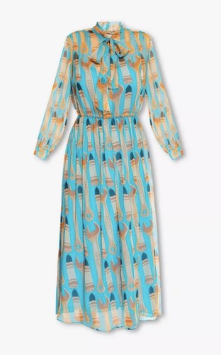 Abito midi Gucci in seta con stampa rossetto e attrezzi