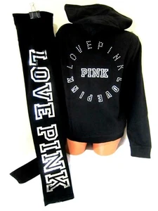 BLING Victoria Secret Pink RHINESTONE FOIL LOGO BLACK HOODIE LEGGING PANT L SET - Picture 1 of 9