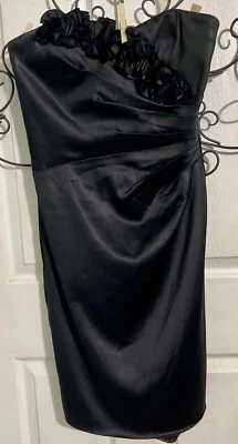 White House Black Market Little Black Dress SZ6 SATIN  Ruffled Flowers Strapless - Image 1 of 4