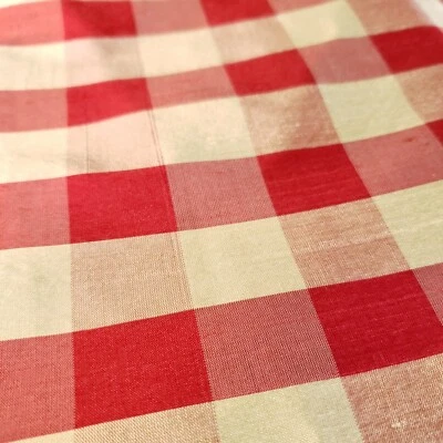 Silk Fabric Small Checked/Plaid Red & Tan ~41" x ~52" 1+ Yard Crafts Wedding  - Image 1 of 3