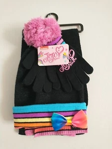 JOJO SIWA NICKELODEON Girls Knit Beanie Hat Gloves Scarf Black Pink Multi NWT - Picture 1 of 9