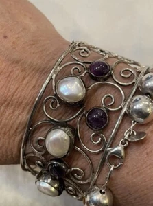 Bracciale Argento Sterling Lavoro Aperto Gioiellato Ametista Crema Perla Coltivata - Foto 1 di 11