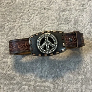 Ariat Peace Buckle Rhinestone Brown Leather Tooled Belt Western - Picture 1 of 10