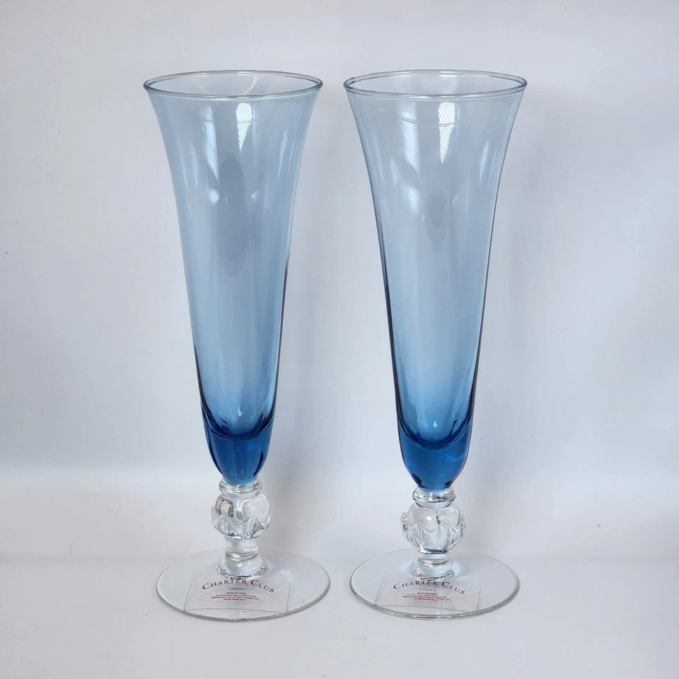  2 Sapphire Blue Handcrafted Champagne Flutes Charter Club Casuals Valentine - Изображение 1 из 2