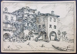 Disegno inchiostro prima metà XX secolo veduta lago maggiore isola pescatori - Foto 1 di 5