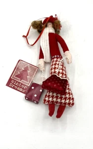 Winter Dreams Christmas Ornament Woman Red Feather Hat Purse Shopping Bag Tags - Picture 1 of 9