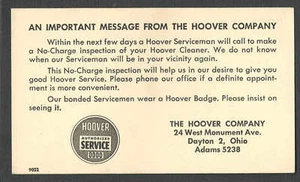 Ca 1945 PC DAYTON OH THE HOOVER CO SERVICE CALL - Bild 1 von 1