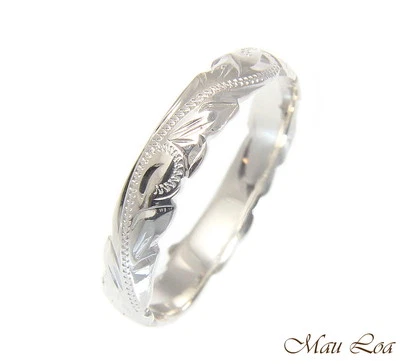 Banda de anillo grabada a mano con pergamino hawaiano borde recortado de 4 mm de plata de ley 925 Foto 1 de 3