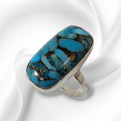 Solid 925 Sterling Silver Women's Ring With Authentic Blue Copper Turquoise  - Image 1 of 4