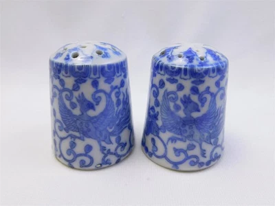 Vtg Floral Phoenix White and Blue Porcelain Chinoiserie Salt Pepper Shaker Japan - Image 1 of 4