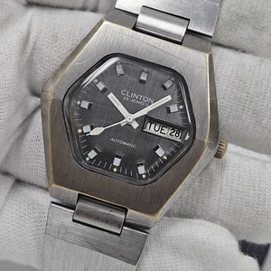 Clinton 25 Jewels Automatic UT-50 Day-Date Stainless Men's Wrist Watch Swiss - Picture 1 of 14