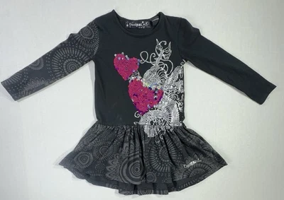 Desigual Girls Dress 3/4 Years Black Sequin Heart Long Sleeve Skater Style  - Image 1 of 3