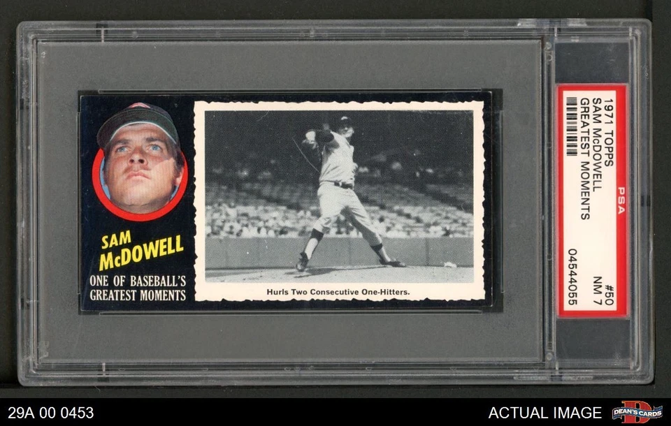 1971 Topps Greatest Moments #50 Sam McDowell Indians DOUBLE-PRINT PSA 7 - NM - Image 1 of 1