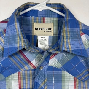 Rustler by Wrangler Mens Plaid Western Shirt Pearl Snaps Short Sleeve Sz Medium - Picture 1 of 8