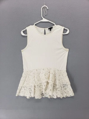 Who What Wear Women Top XS Cream Sleeveless Floral Lace Peplum Hem Stretch Chic - Image 1 of 4