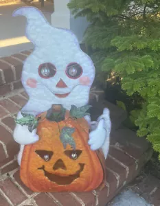 VINTAGE HALLOWEEN RASENORNAMENT ZINN GHOST PUMPKIN LEUCHTET AUF - Bild 1 von 6