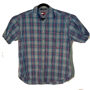 Para hombres Azul A Cuadros Manga Corta Botones Bandera Caja Logo Tommy Hilfiger Talla L - Imagen 1 de 7