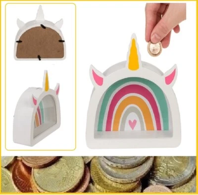 Spardose Regenbogen Einhorn Märchen Sagen Fantasy Sparschwein aus Holz 17x5x18cm - Bild 1 von 4