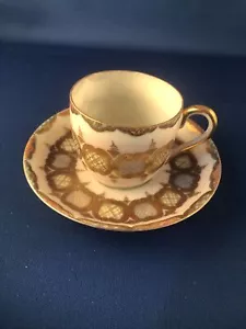 Copa y platillo Demitasse/Espresso sin marcar China fina dorada y azul - Imagen 1 de 9