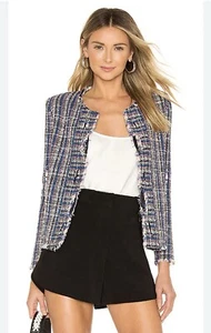 IRO Revolve Frannie Tweed Cropped Open Front Blazer Jacket Blue FR 42/US 10 - Picture 1 of 11