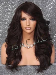 Human Hair Blend Long Open Curly Full Wig Dark Brown Bangs Heat OK 4 RBPO - Picture 1 of 13
